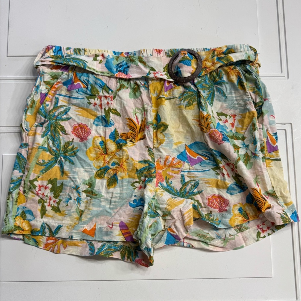 C&C California Linen Blend Beach Hawaiian Floral Belted Shorts Size Small
